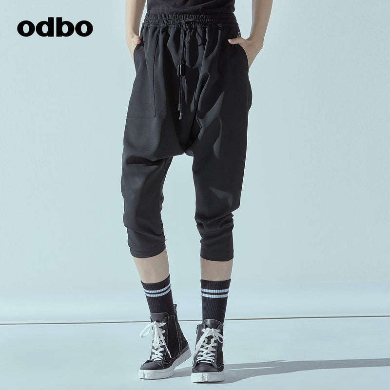 Odbo鬆緊高腰抽繩運動七分哈倫褲女春夏黑色百搭寬鬆顯瘦吊襠褲