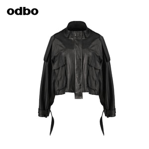 【商場同款】odbo/歐迪比歐綿羊皮衣外套女2022年新款機車夾克潮