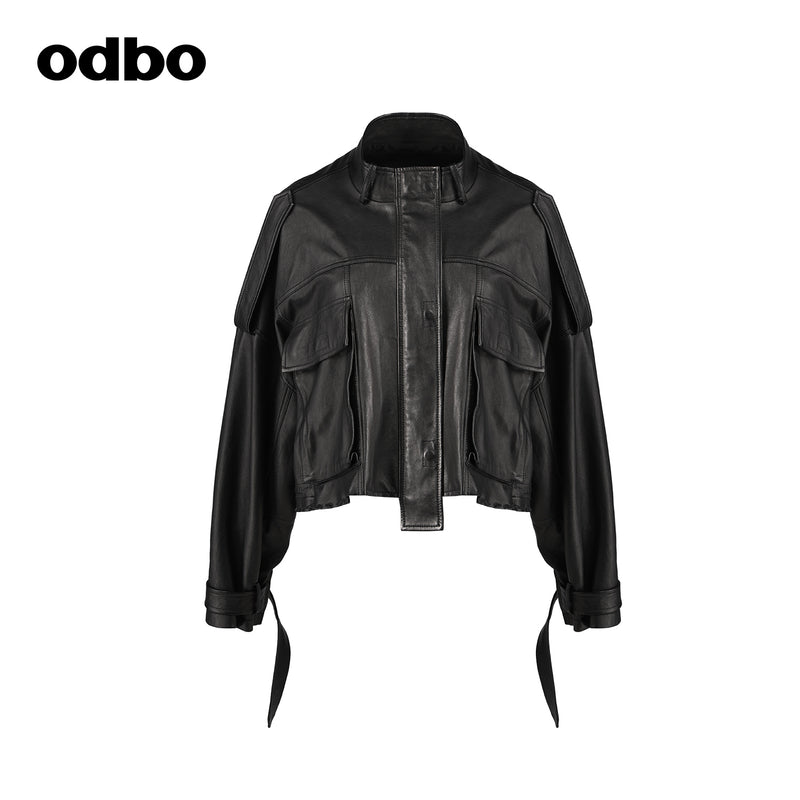 【商場同款】odbo/歐迪比歐綿羊皮衣外套女2022年新款機車夾克潮