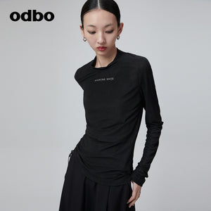 Odbo 煙管領抽繩設計長袖t恤女夏季2022年新款舒適百搭休閒上衣