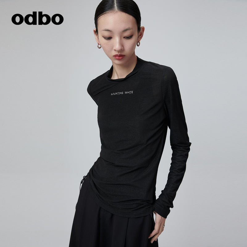Odbo 煙管領抽繩設計長袖t恤女夏季2022年新款舒適百搭休閒上衣