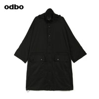 odbo 原創設計 中長款 工裝連帽外套 女2022新款 印花抽身收腰風衣