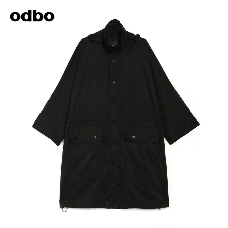 odbo 原創設計 中長款 工裝連帽外套 女2022新款 印花抽身收腰風衣
