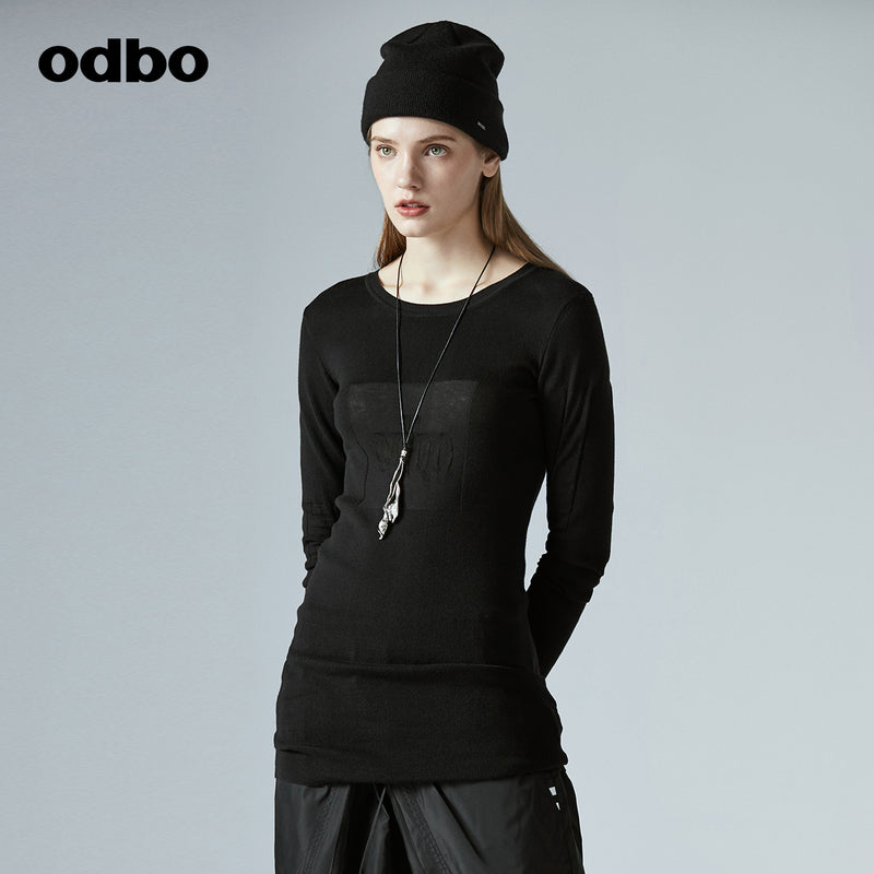 Odbo/歐迪比歐專櫃同款設計師品牌2022夏女圓領修身針織中長上衣