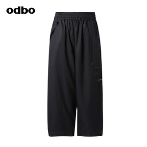 Odbo潮牌鬆緊高腰休閒褲女寬鬆夏新款垂感黑色顯瘦百搭闊腿長褲