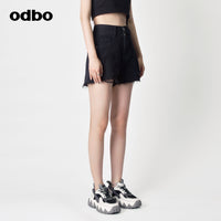 Odbo辣妹破洞毛邊高腰闊腿牛仔短褲女夏季新款黑色顯瘦a字寬鬆潮