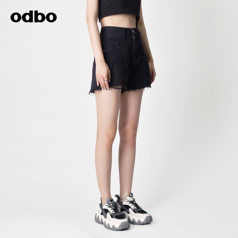 Odbo辣妹破洞毛邊高腰闊腿牛仔短褲女夏季新款黑色顯瘦a字寬鬆潮