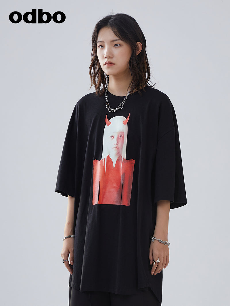 Heardbyodbo2022年夏季新款潮牌五分袖印花T恤女寬鬆中長休閒上衣