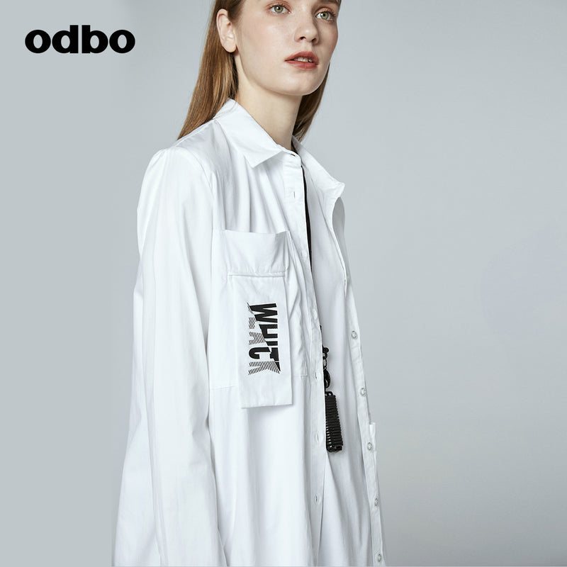 Odbo/歐迪比歐專櫃同款設計師品牌新款女簡約中長氣質襯衫外套