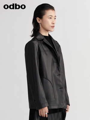 【商場同款】odbo/歐迪比歐pu皮衣外套女秋冬2022新款休閒夾克