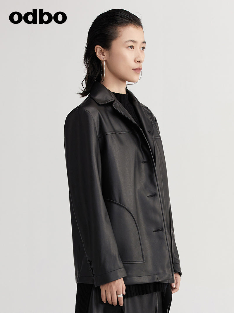 【商場同款】odbo/歐迪比歐pu皮衣外套女秋冬2022新款休閒夾克
