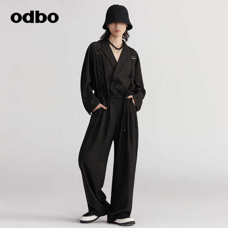 Odbo原創品牌時尚西裝領連體褲女秋冬2022年新款中長款寬鬆闊腿褲