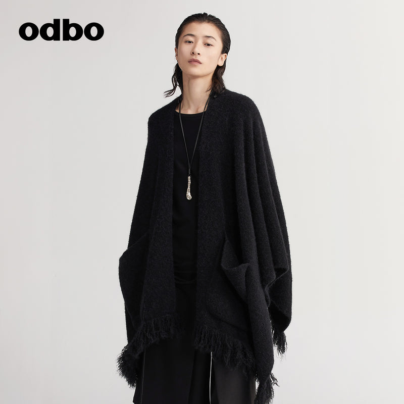 【商場同款】odbo/歐迪比歐時尚針織開衫女秋冬2022新款斗篷外套