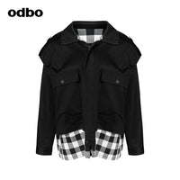 Odbo格紋假兩件工裝短外套女秋冬百搭2022新款字母休閒夾克上衣
