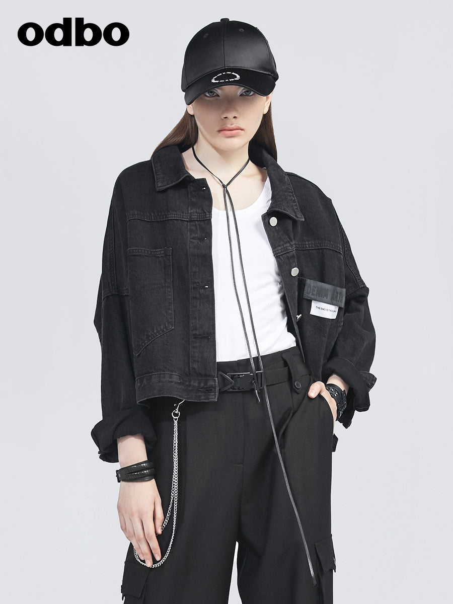 Odbo復古港味黑色短款牛仔外套女2022春季新款寬鬆百搭長袖潮牌