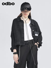Odbo復古港味黑色短款牛仔外套女2022春季新款寬鬆百搭長袖潮牌