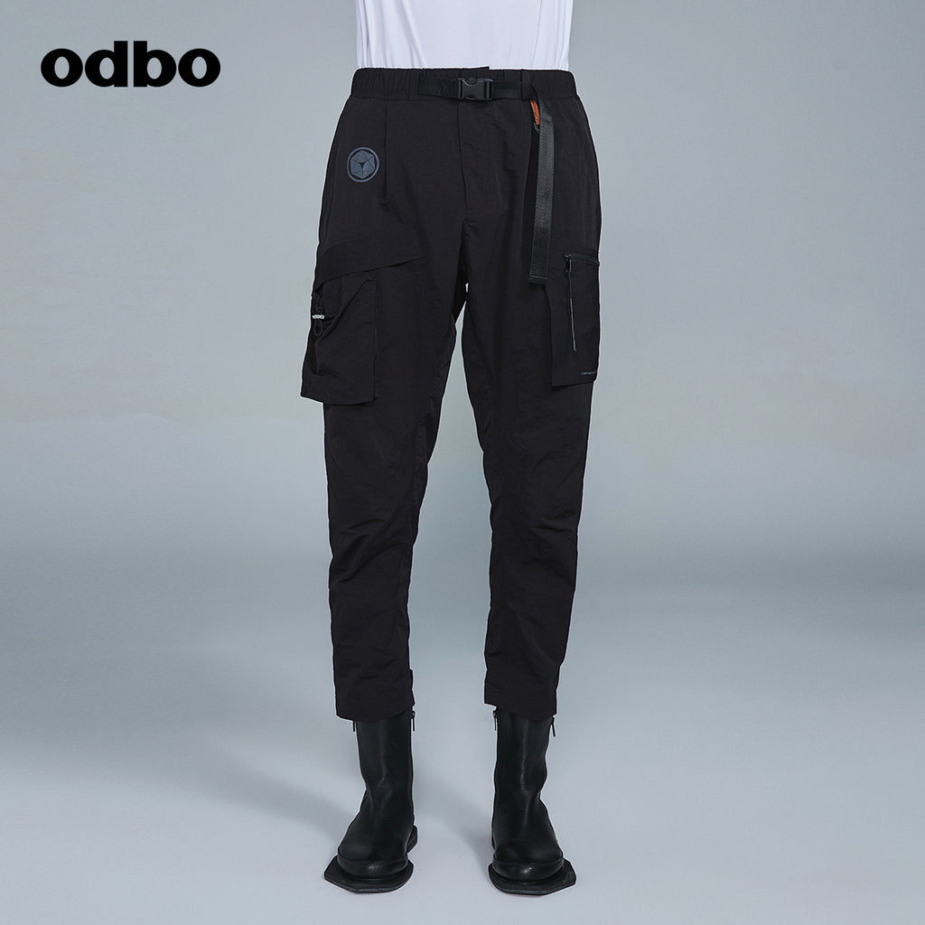 Odbo潮牌口袋織帶工裝褲男秋冬百搭2022新款鬆緊腰直筒休閒長褲