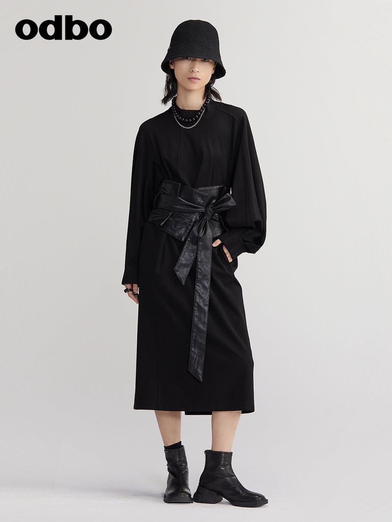 【商場同款】odbo/歐迪比歐長袖連衣裙女早秋2022新款黑色中長裙