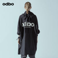 odbo 原創設計 中長款 工裝連帽外套 女2022新款 印花抽身收腰風衣