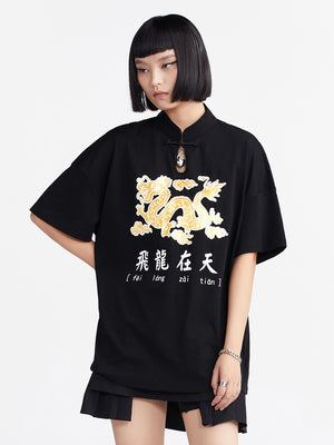 Heardbyodbo國潮盤扣設計創意印花短袖T恤女夏季純棉寬鬆黑色