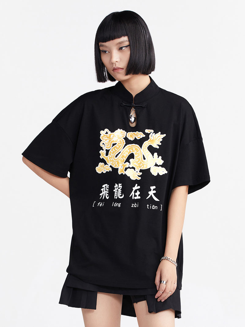 Heardbyodbo國潮盤扣設計創意印花短袖T恤女夏季純棉寬鬆黑色