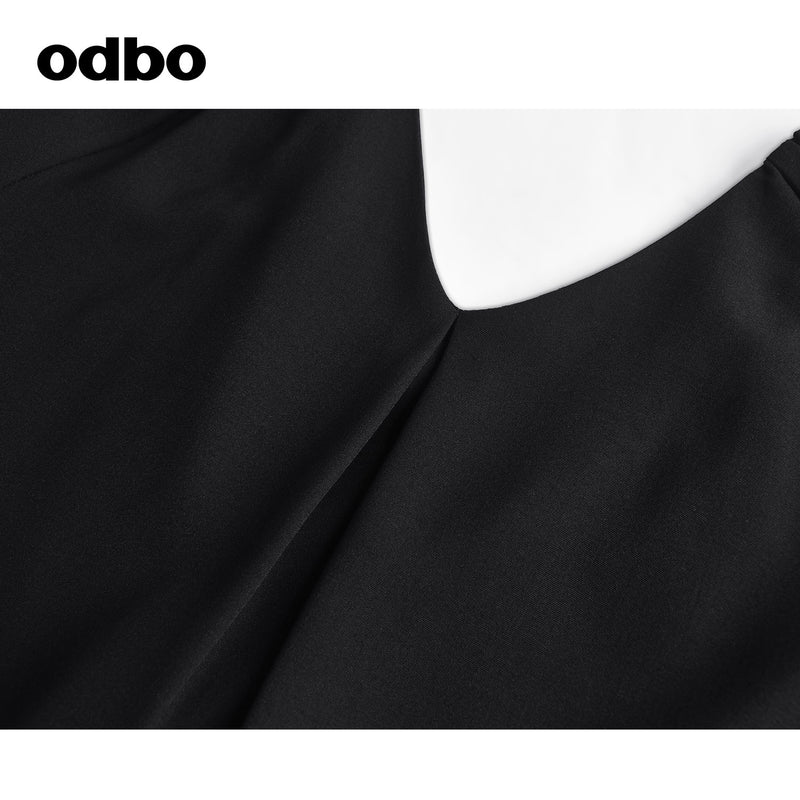 Odbo輕熟風黑色前後兩穿v領連衣裙女夏季2022年新款氣質顯瘦小眾