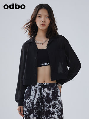 Odbo/歐迪比歐夏季2022年新款女單排扣黑色短外套女薄款防曬上衣
