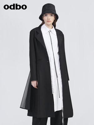 Odbo網紗拼接長款西裝外套女春秋冬2022年新款黑色氣質顯瘦上衣