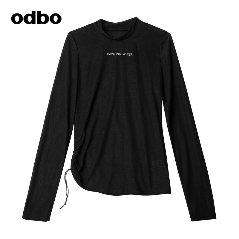 Odbo 煙管領抽繩設計長袖t恤女夏季2022年新款舒適百搭休閒上衣