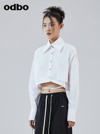 Odbo 時尚設計感小眾系帶白色長袖襯衫女夏季2022年新款短款上衣