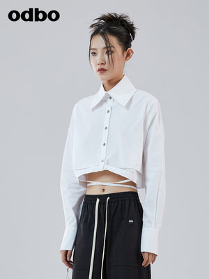 Odbo 時尚設計感小眾系帶白色長袖襯衫女夏季2022年新款短款上衣