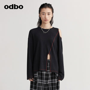 【商場同款】odbo/歐迪比歐明線裝飾露肩T恤女秋冬2022年新款上衣