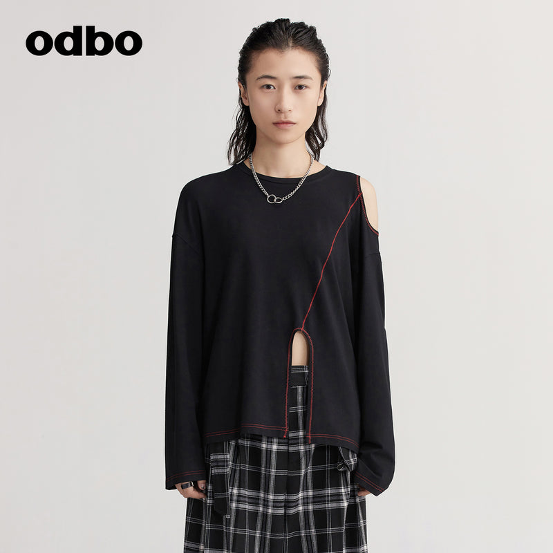 【商場同款】odbo/歐迪比歐明線裝飾露肩T恤女秋冬2022年新款上衣