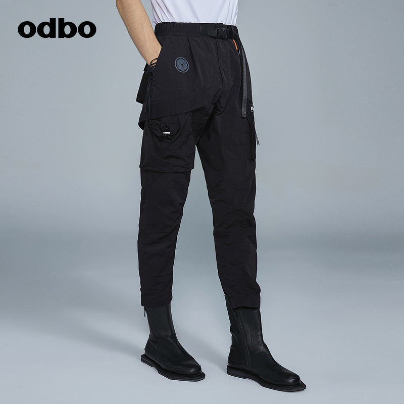Odbo潮牌口袋織帶工裝褲男秋冬百搭2022新款鬆緊腰直筒休閒長褲