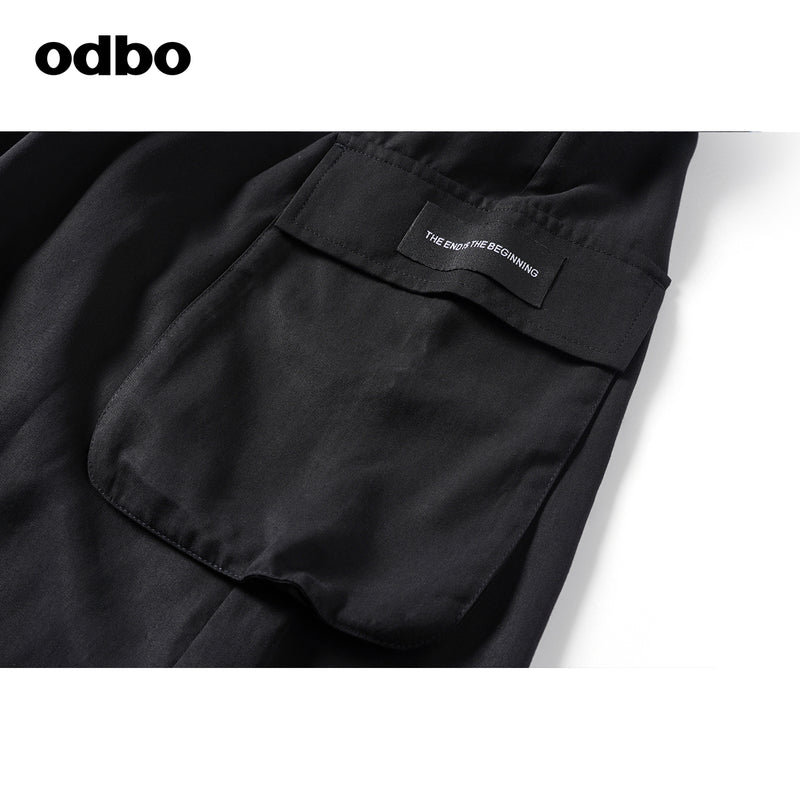 Odbo天絲棉工裝風鬆緊高腰黑色闊腿休閒七分褲女寬鬆夏可拆織帶