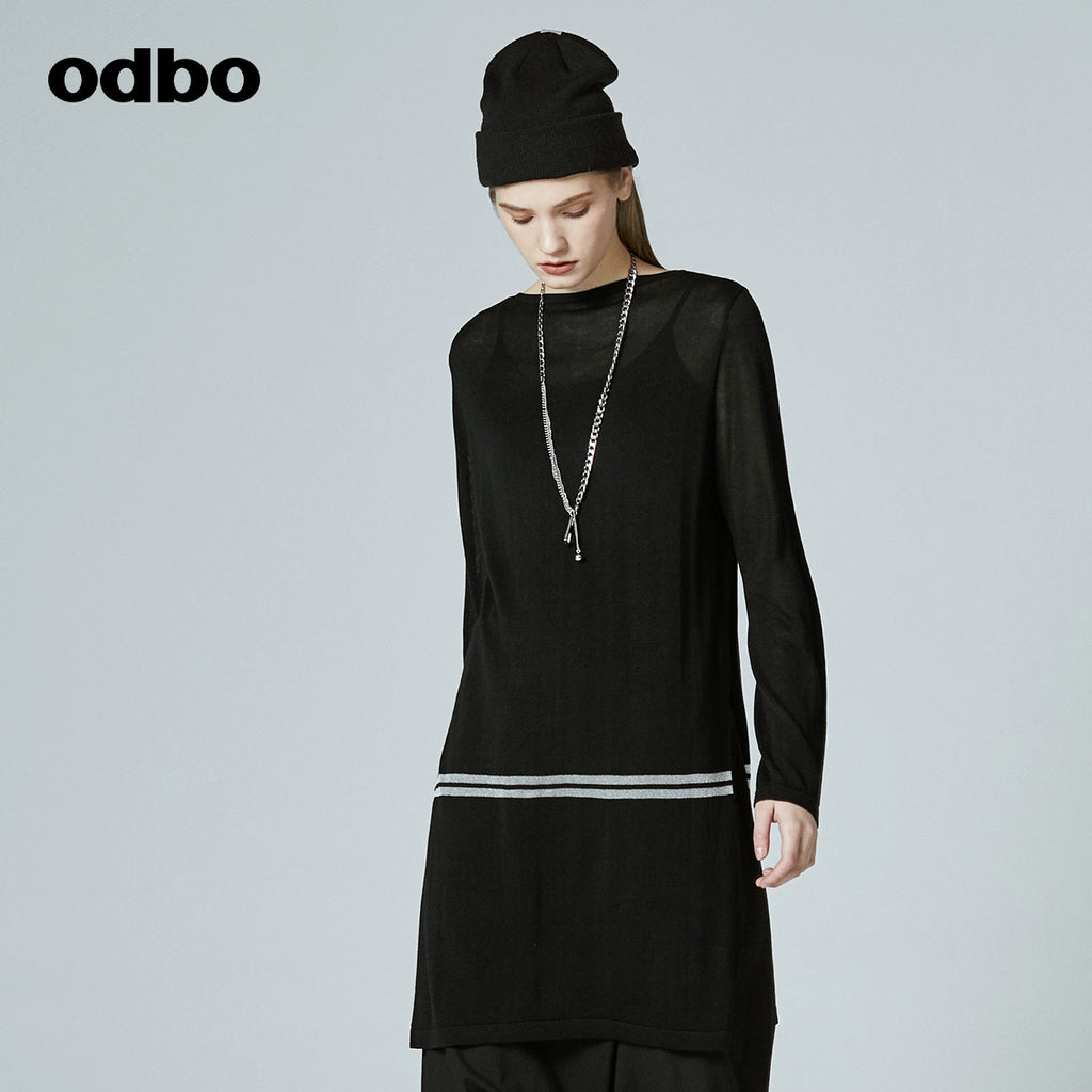 Odbo/歐迪比歐專櫃同款設計師品牌20夏女圓領中長款長袖針織上衣