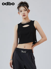 odbo 甜辣外穿设计感短款背心女款夏2022显瘦露脐黑色无袖上衣潮