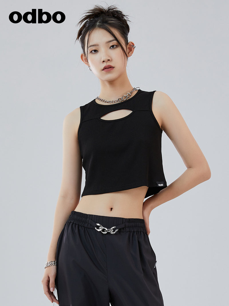 odbo 甜辣外穿设计感短款背心女款夏2022显瘦露脐黑色无袖上衣潮