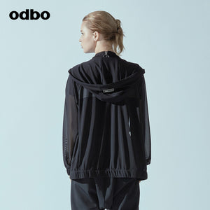 Odbo網紗連帽運動休閒外套女潮夏季薄款防紫外線透氣長袖防曬衫