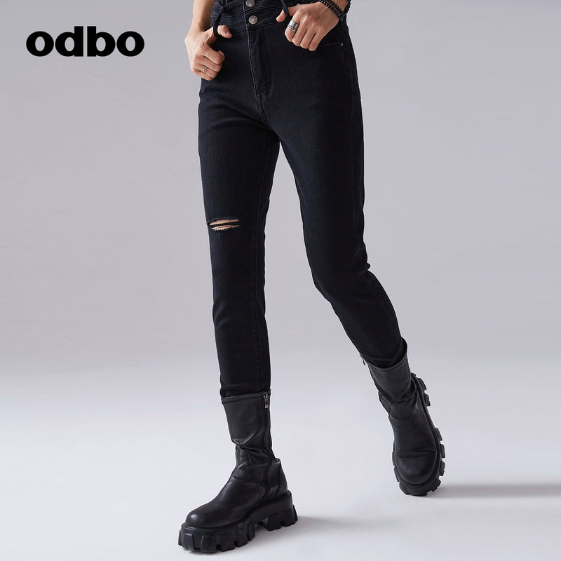 【商場同款】odbo/歐迪比歐春裝2022年新款女破洞小腳牛仔休閒褲