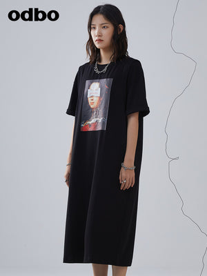 Heardbyodbo潮牌印花黑色針織連衣裙女春裝2022年新款中長直筒裙