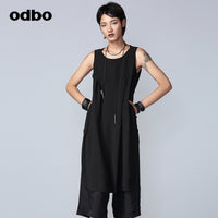 Odbo小眾假兩件連體褲女夏薄款亞麻時尚百搭黑色寬鬆闊腿七分褲
