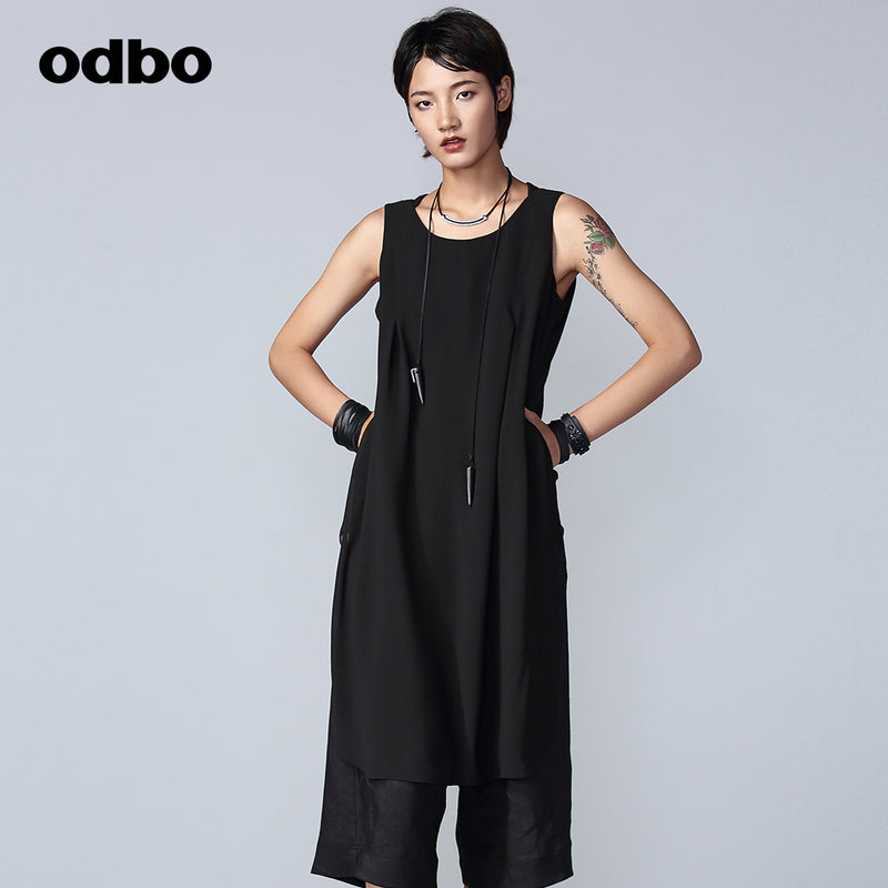 Odbo小眾假兩件連體褲女夏薄款亞麻時尚百搭黑色寬鬆闊腿七分褲