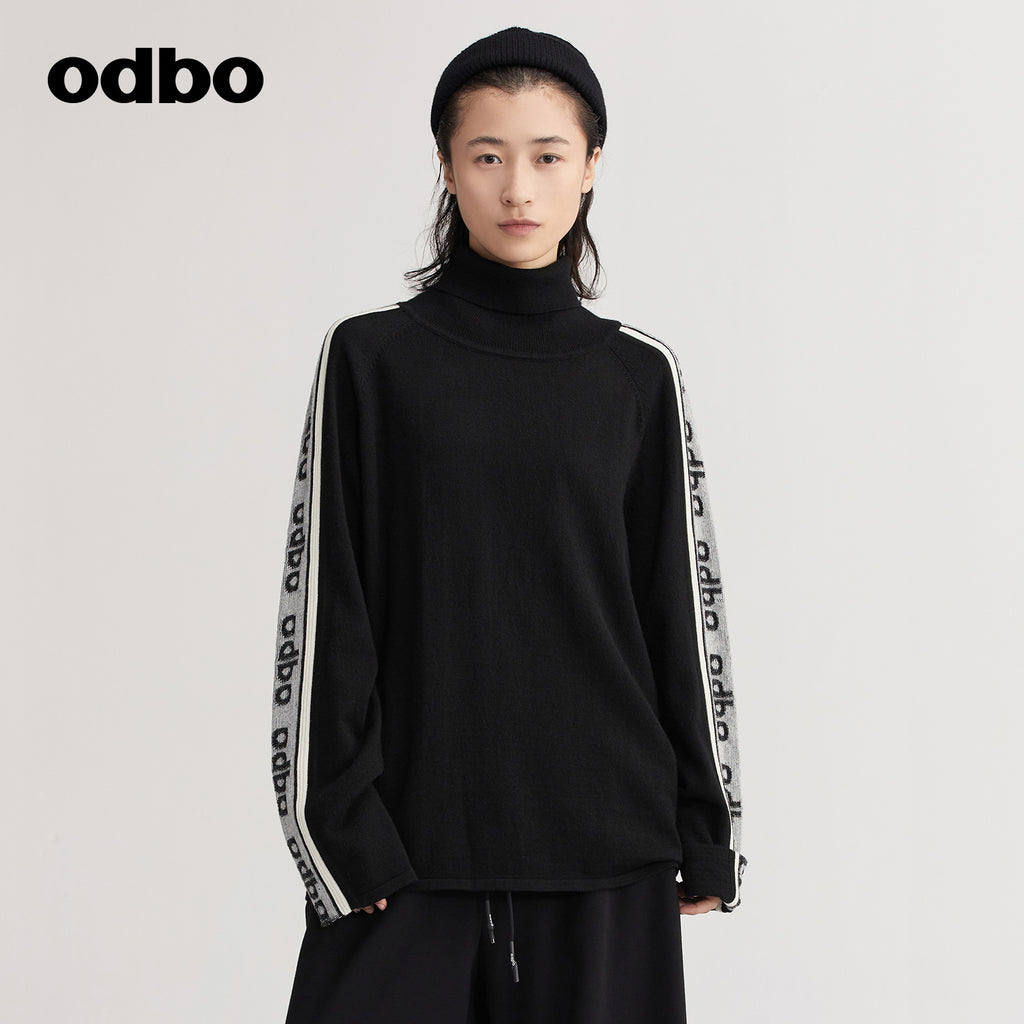 【商場同款】odbo/歐迪比歐提花高領針織衫女秋冬2022年新款毛衣