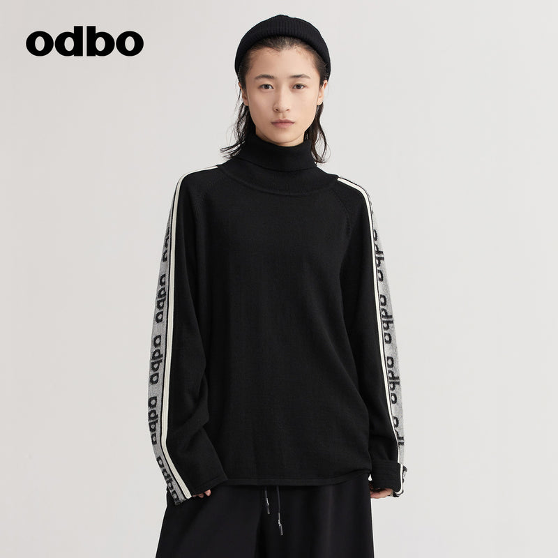 【商場同款】odbo/歐迪比歐提花高領針織衫女秋冬2022年新款毛衣