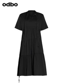 Odbo女神范氣質短袖V領黑色連衣裙女夏2022年新款寬鬆顯瘦小黑裙