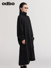 【商場同款】odbo/歐迪比歐春裝2022新款假兩件高領黑色連衣裙子