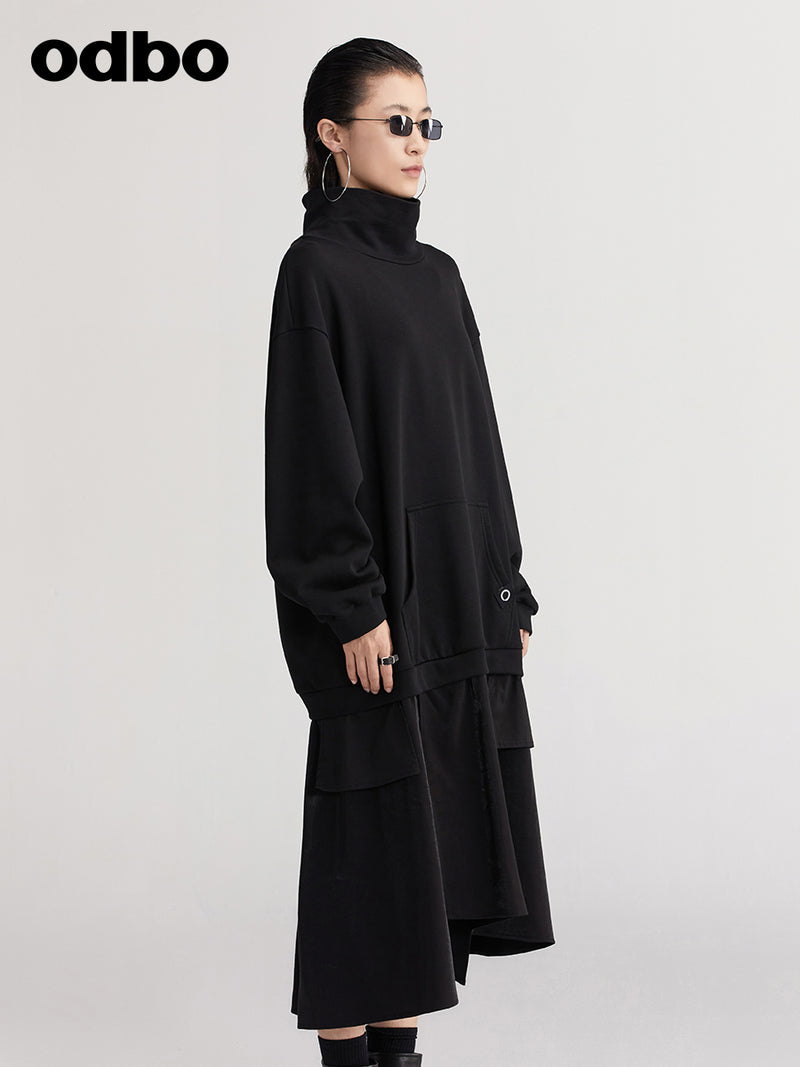 【商場同款】odbo/歐迪比歐春裝2022新款假兩件高領黑色連衣裙子