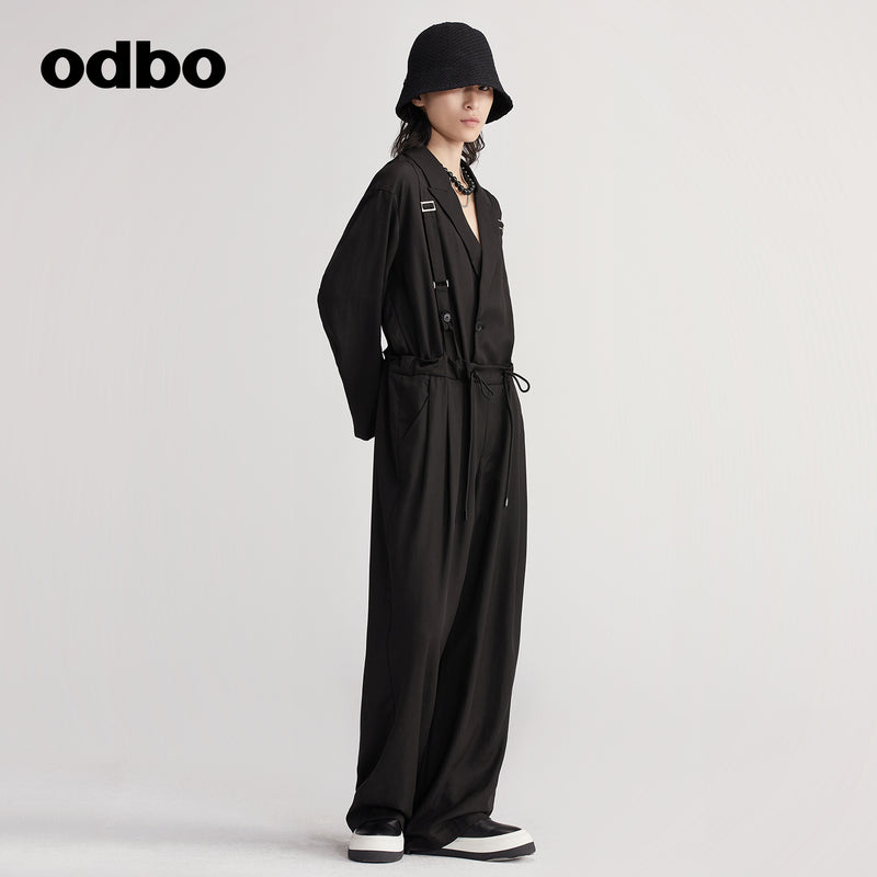 Odbo原創品牌時尚西裝領連體褲女秋冬2022年新款中長款寬鬆闊腿褲