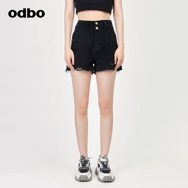 Odbo辣妹破洞毛邊高腰闊腿牛仔短褲女夏季新款黑色顯瘦a字寬鬆潮